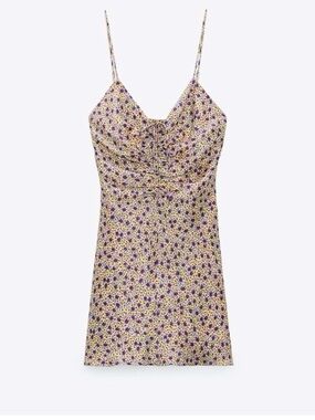 Zara Floral Ruched Spaghetti Strap Mini Dress Large NWT Purple Yellow